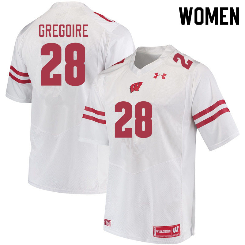Women #28 Mike Gregoire Wisconsin Badgers College Football Jerseys Sale-White - Click Image to Close